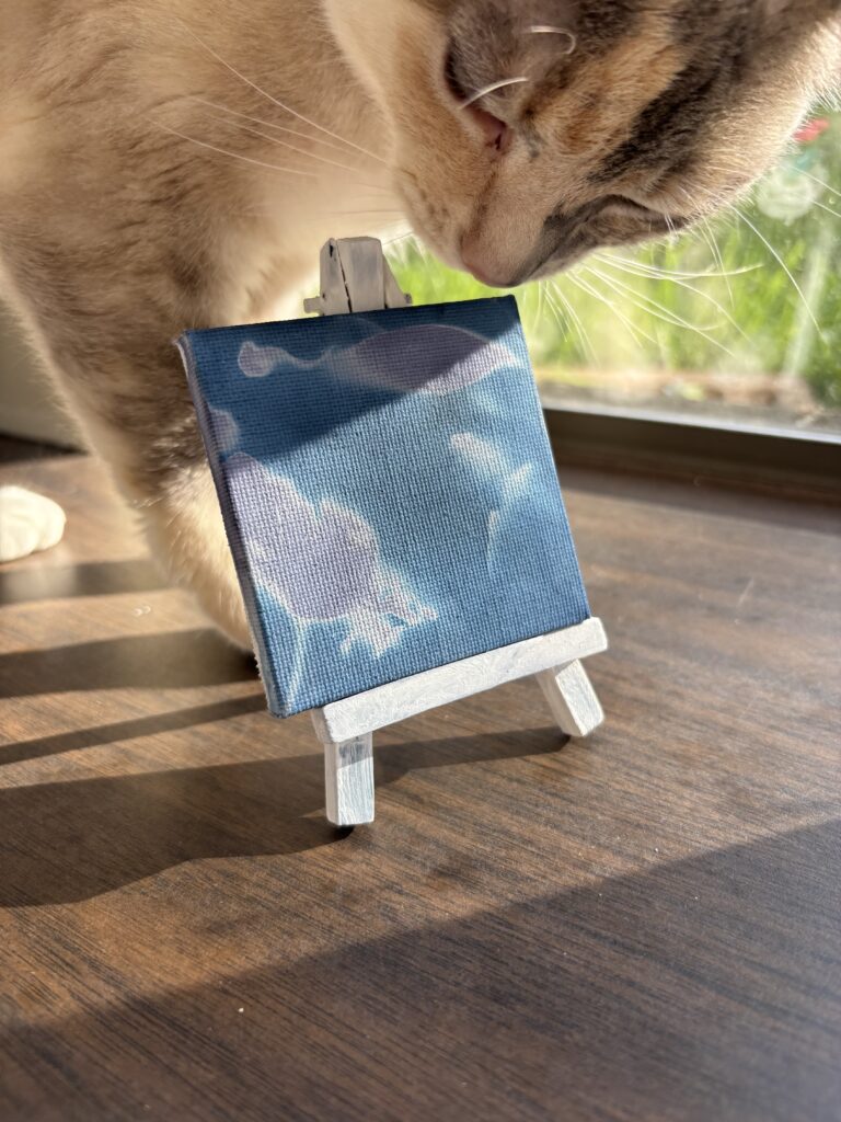 On a wooden table, a blue cyanotype on a white easel. A small beige cat sniffs the edge of the canvas, showing the size of the canvas.