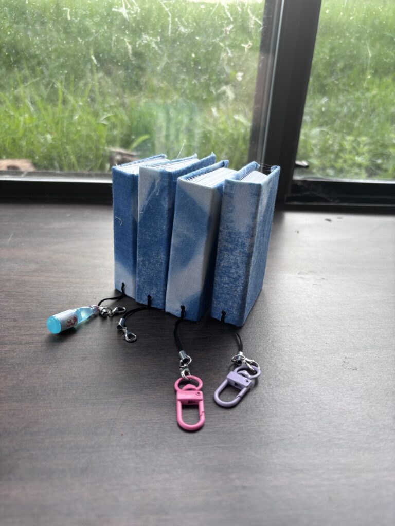 Three small books with cyanotype covers lined up on a wooden surface.