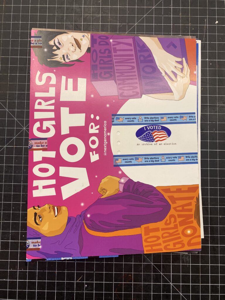 The cover showing an illlustration that says Hot Girls Vote with women of different ethnicities surrounding a white crcle with election washi tape and a sticker that says "I voted" 