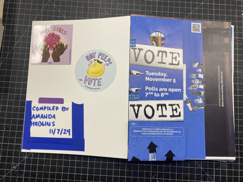 The inside of the cover showing a ta that says it was complied by Amanda Hudgins, 11/7