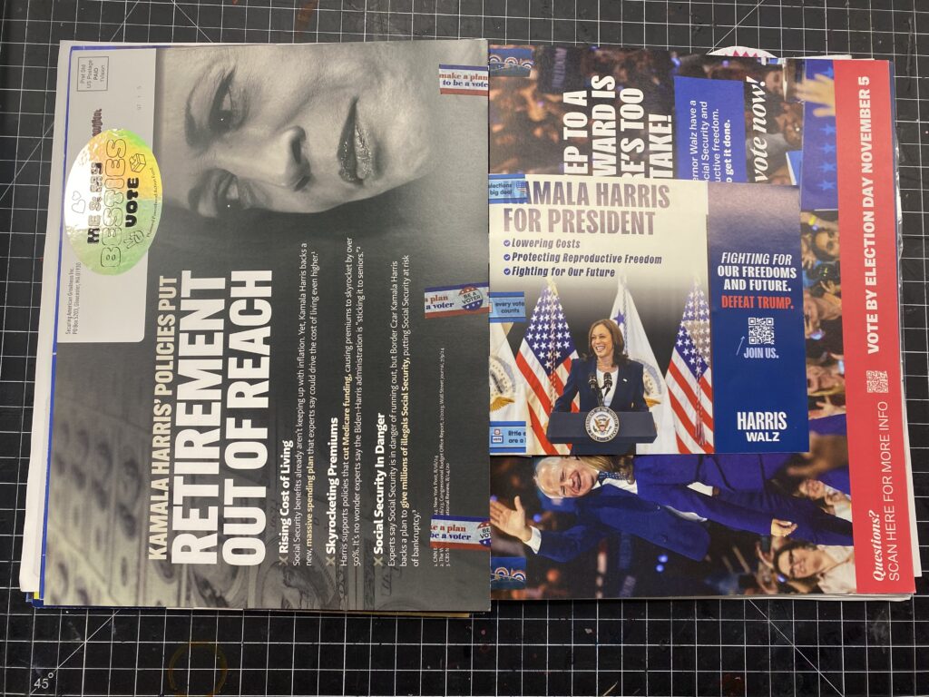 Two pages of the book showing election ephemera bound with washi tape. 