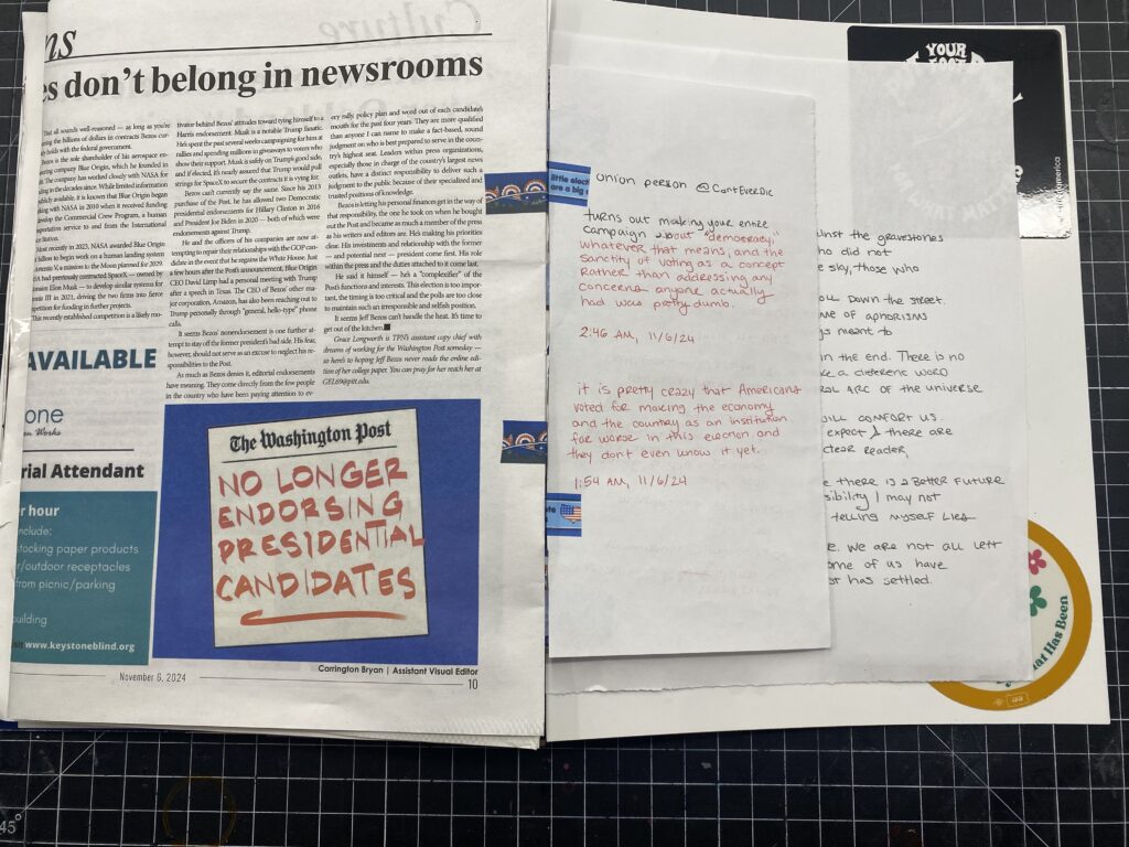 A tab bound page held open showing a college newspaper and a handwritten slip showing twitter posts about the election.