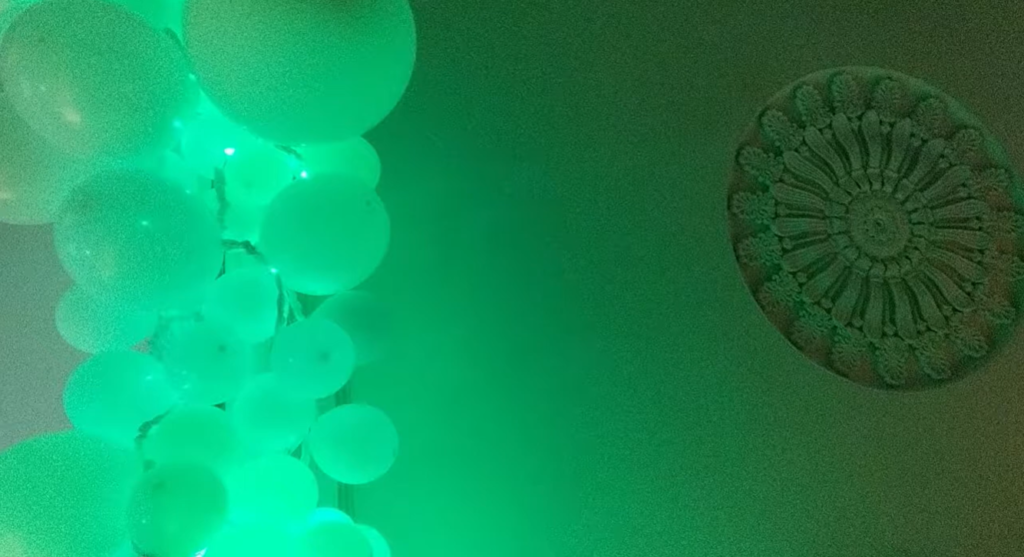 looking at a ceiling, a medallion is illuminated by a series of white balloons lit green by LEDS.